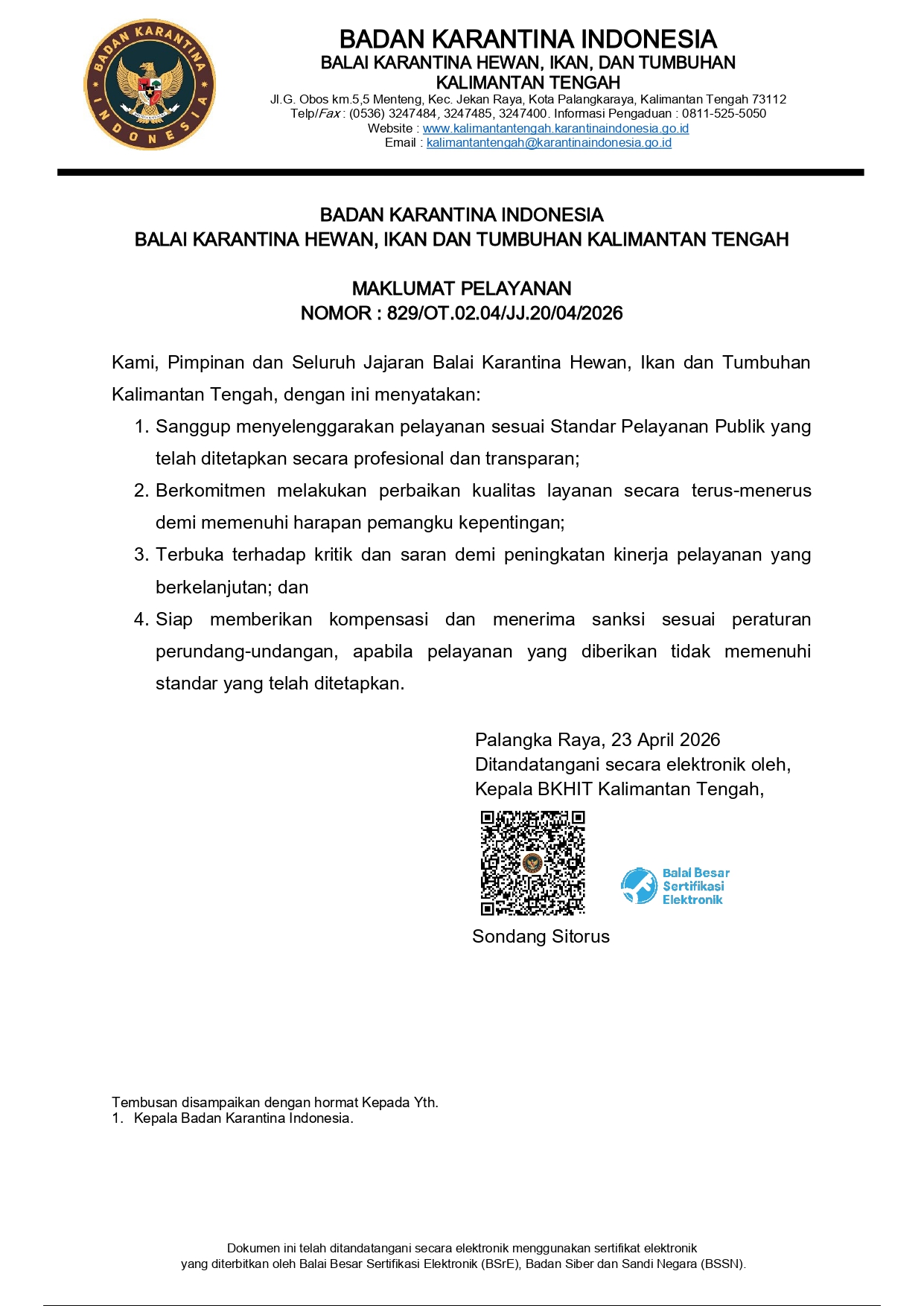 Maklumat Pelayanan BKHIT Kalimantan Tengah